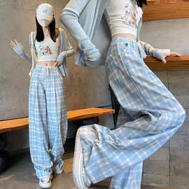 蕾丝花边宽松阔腿裤女新款秋季休闲裤蓝色格子长裤慵懒显瘦裤子