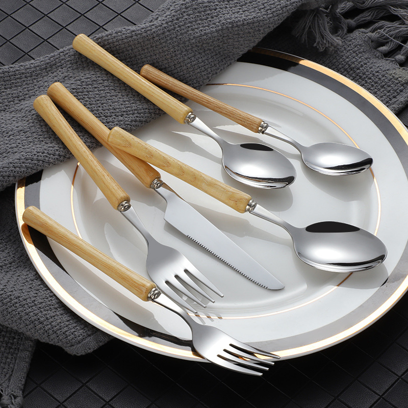 日本製 304 ステンレス鋼のナイフ、フォーク、スプーン、高級木製ハンドル食器、家庭用高見え木製ハンドルステーキナイフ、デザートスプーン|undefined