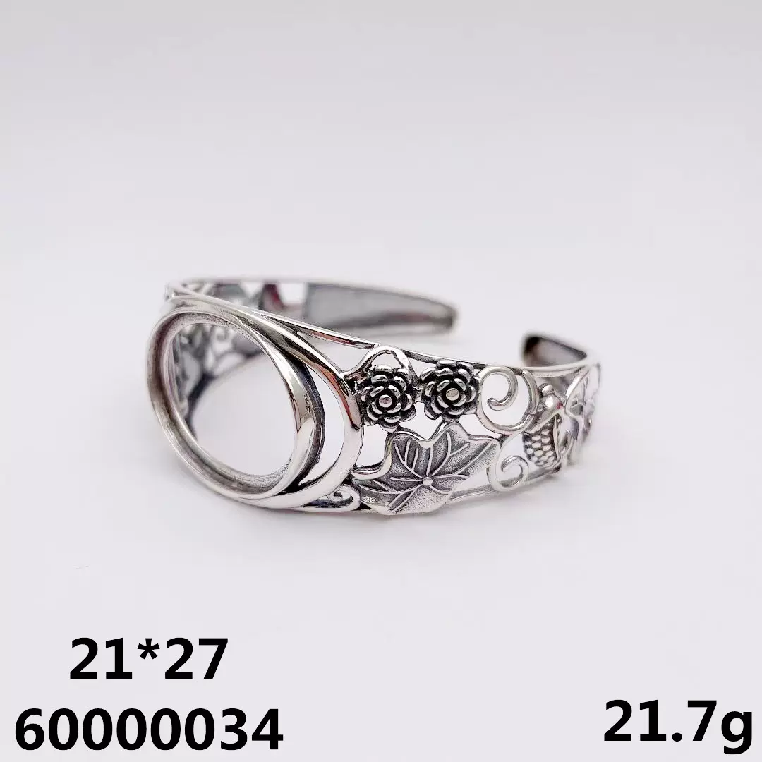 预订批发S925银锦鲤莲花泰银复古镶嵌彩宝手镯空托 旦形21*27MM
