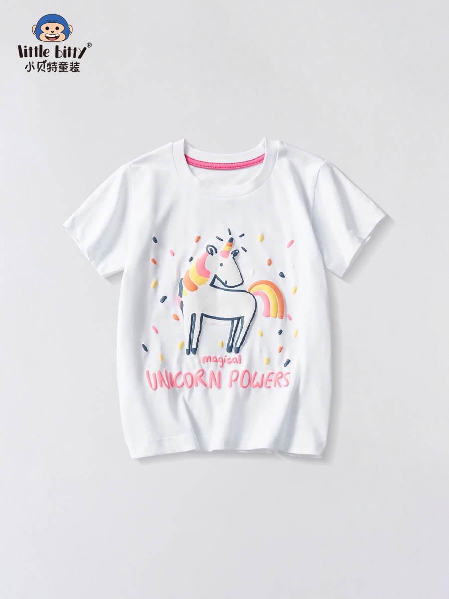 25 Years New Summer Kidsren's T-Shirt Girls White T-Shirt Small and Medium-Sized Kidsren Unicorn Print Short-Sleeved T-Shirt Short-Sleeved Women