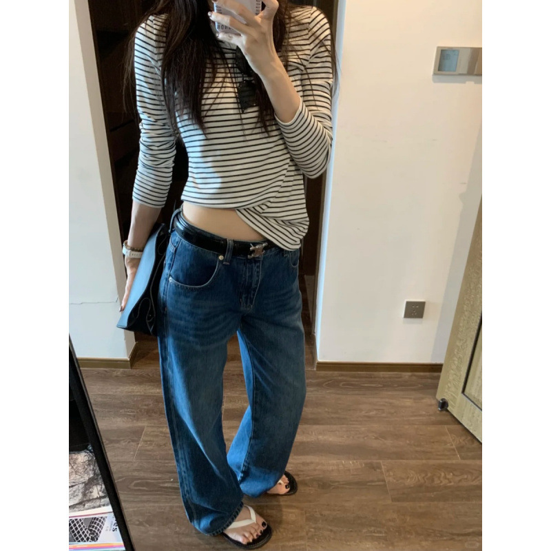 小个子白色条纹正肩长袖t恤女早秋季高级感chic别致短款单穿上衣|undefined
