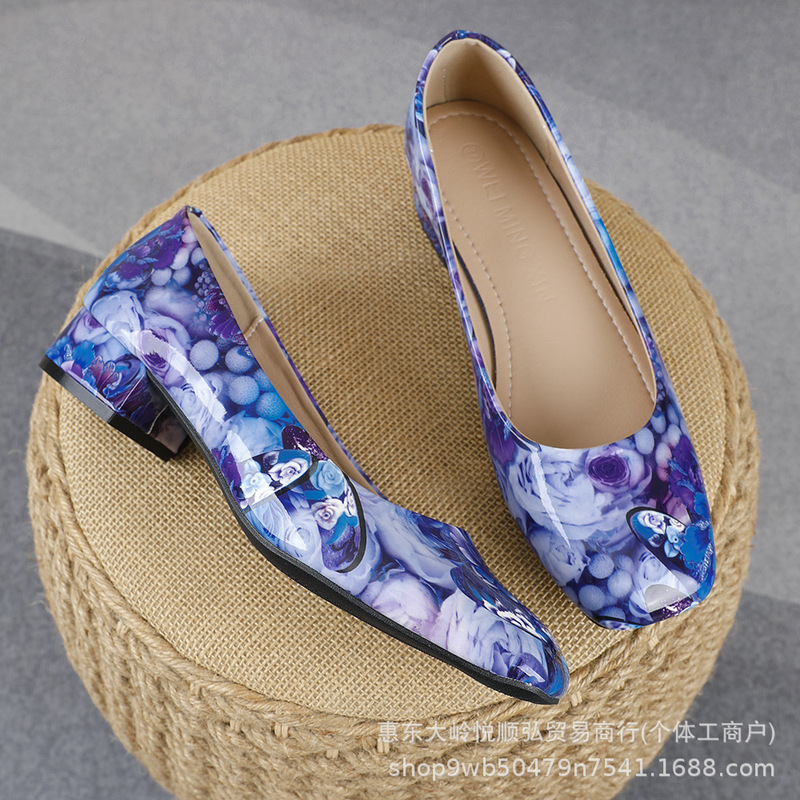 Women's Shallow-Heel Shoes, Blue-Purple Floral Print, Square-Toed Low-Heel Chunky Heel Shoes, Cross-Border Commuting Casual Shoes for Women Women's Shallow-Heel Shoes, Blue-Purple Floral Print, Square-Toed Low-Heel Chunky Heel Shoes, Cross-Border Commuting Casual Shoes for Women