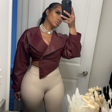 跨境欧美风秋冬新款女装个性时尚收腰露脐PU皮纯色休闲外套女皮衣