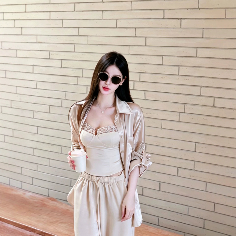 【Fart Shp】Palm Sunset Champagne Color Pearlescent Satin Elegant Shirt Women's Spring/Summer Loose Top