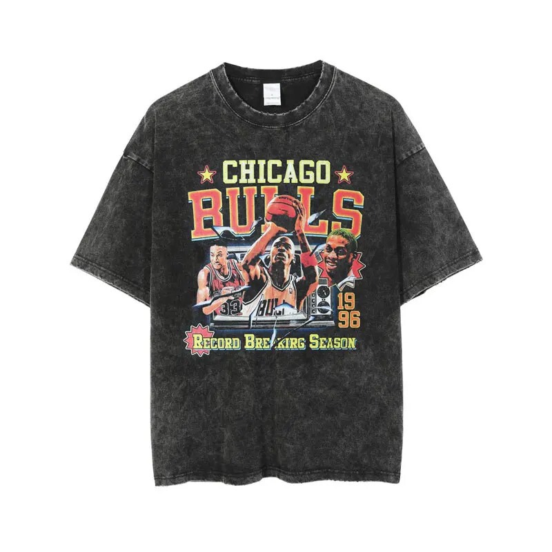 Bulls Printed T-Shirts Streetwear Vintage Washed Basketball