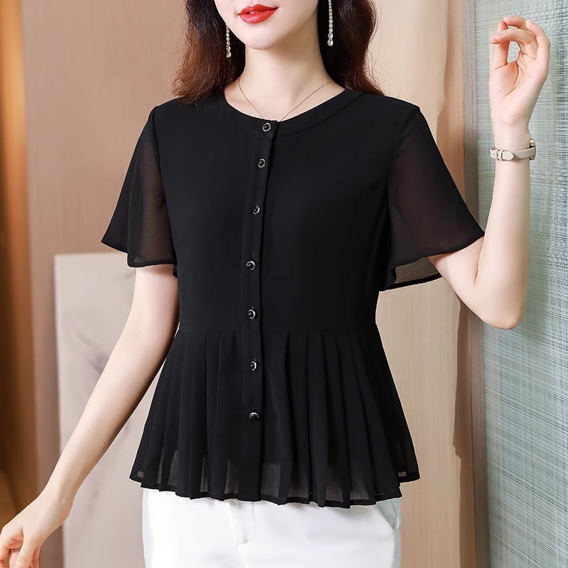 女性用シャツ、半袖夏服、中年ママのお腹カバーシフォントップス、おしゃれなゆったりスカート、シャツ|undefined