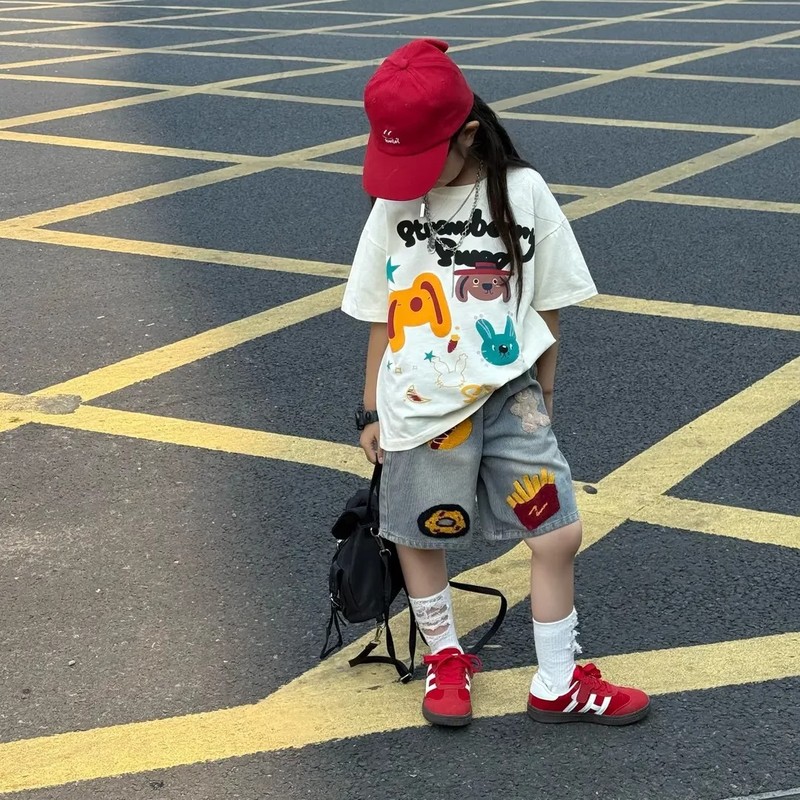 ガールズサマーストリートスーツ2025新作ガールズルーズ漫画半袖Tシャツデニムパンツ2点セットトレンド8|undefined