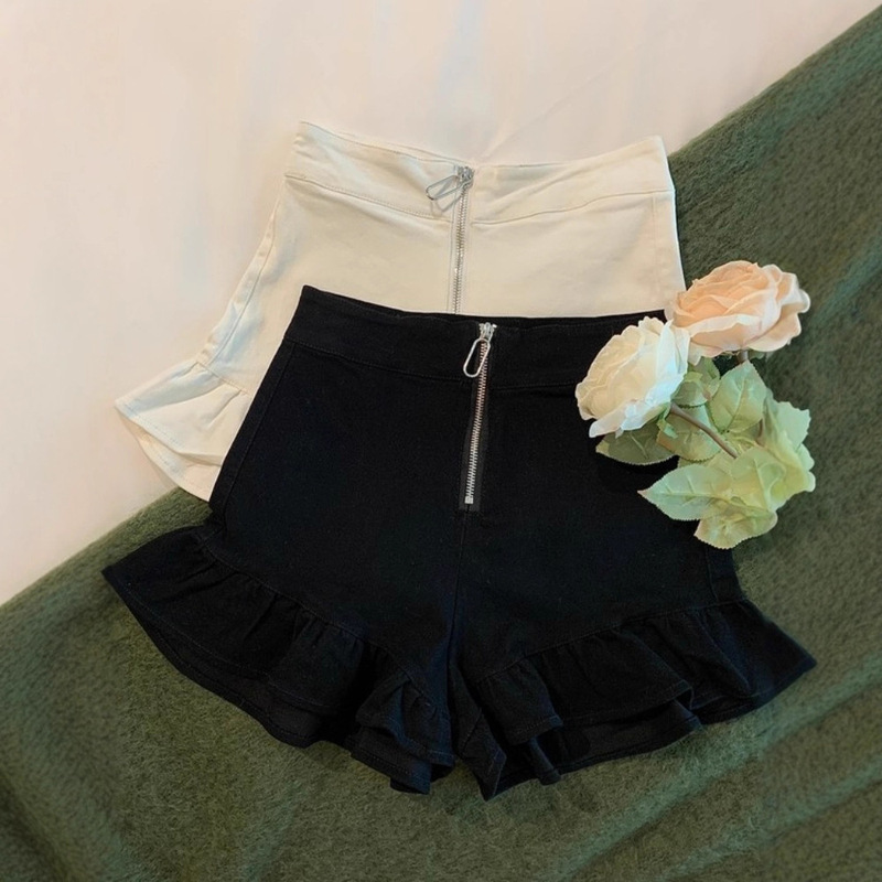 Sweet Design Versatile High-Waisted Slimming Zipper Ruffle Wide-Leg Pants Casual Pants Denim Shorts Hot Pants for Women