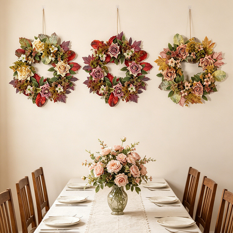 Autumn Thanksgiving Wreath with Artificial Roses, Front Door Farmhouse Silk Flower Hanging Decoration, Home Wedding Arrangement Ornament, Cross-Border
