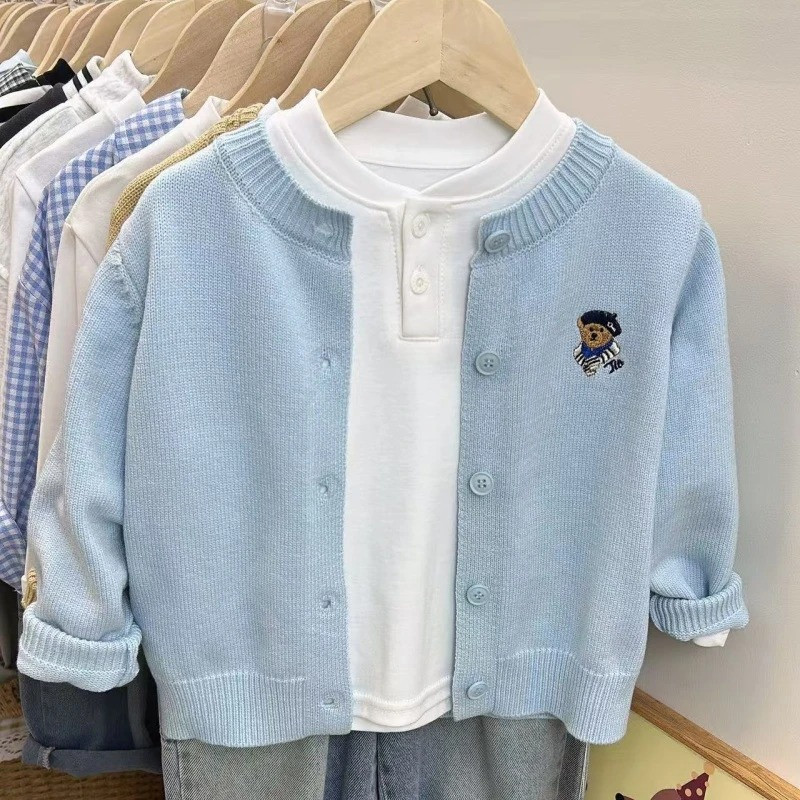 Cross-border Spring and Autumn Y New Children's Cardigan Sweater, Refreshing Spring Style, Korean Embroidered Bear, Versatile and Stylish Cardigan