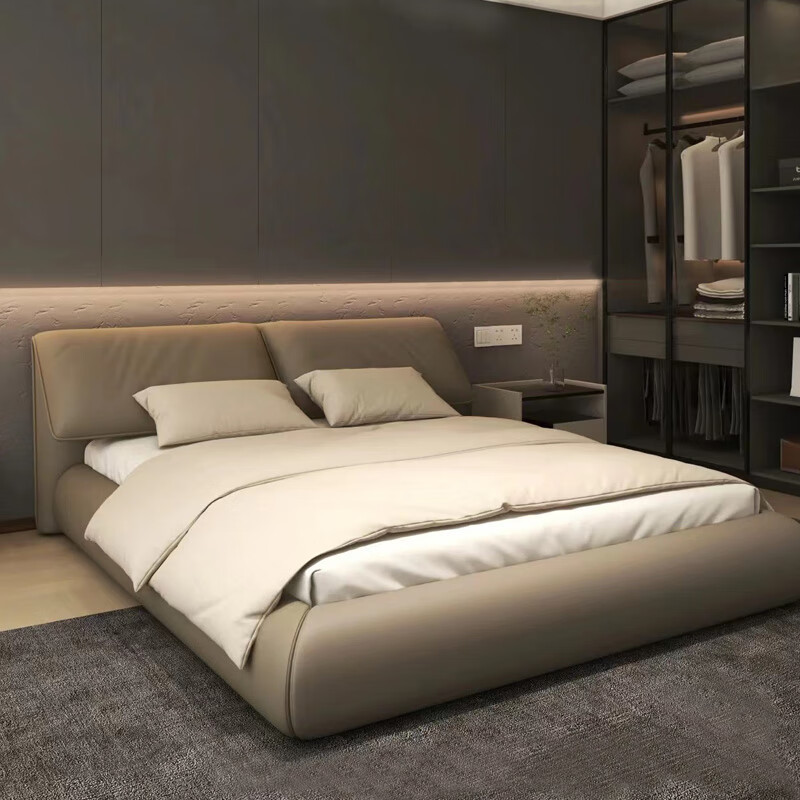 Cama de cuero con orejas de elefante, cama doble minimalista italiana, cama de pluma, cama de doble simple, cama queen size 2 * 2m