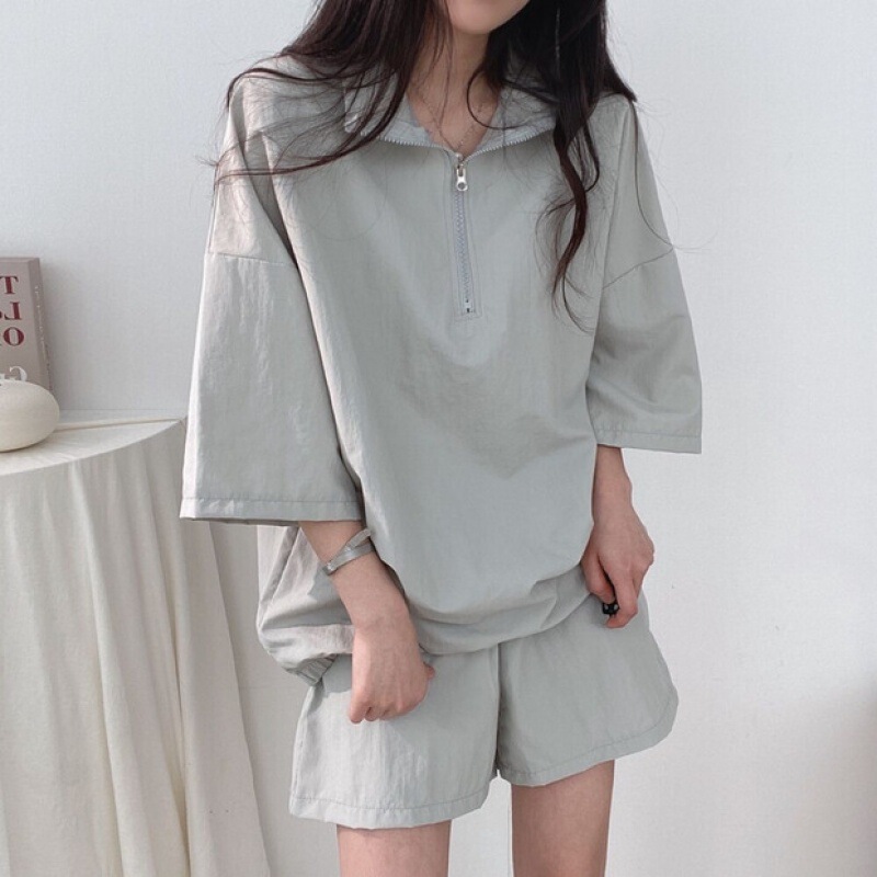 South Korea Chic Sports Casual Polo Shirt suit Women's 2025 Summer New Loose Zipper Elegant Two-piece Set