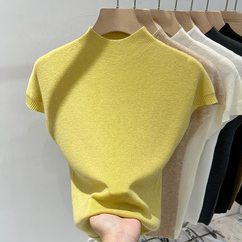 半高襟飛袖ニット服女性夏2025新型欧品修身袖なし上着底シャツ女性インナー|undefined
