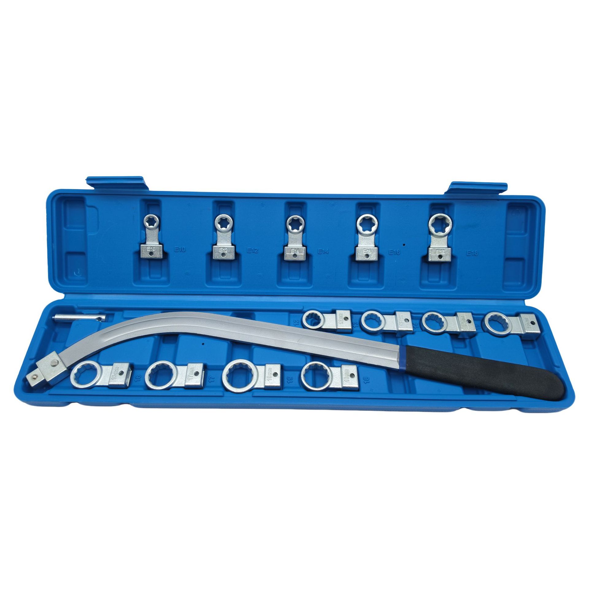 15-piece automotive engine belt tool set, including adjustable wrenches, belt pulley removal and installation tools, and tensioner tools, specifically designed for automotive repair