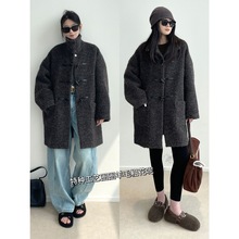 泽黛佳伊松弛感 柔软蓬松羊驼毛 中长款圈圈羊毛呢立领牛角扣大衣