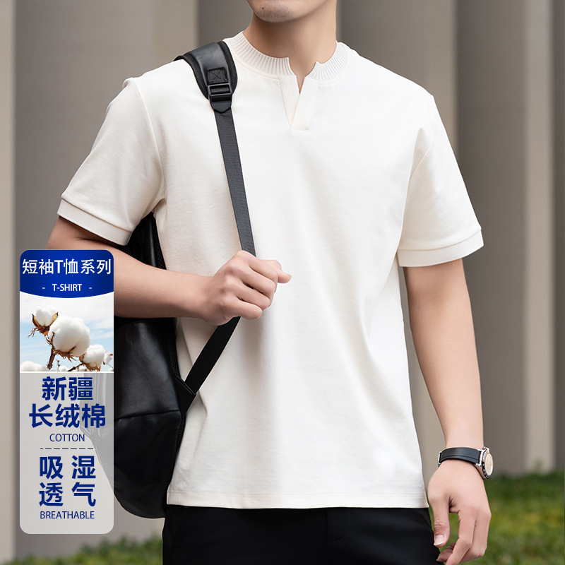 Cross-Border Henry Shirt Short-Sleeved T-Shirt Men's New Korean Style Bottoming Shirt V-Neck Summer Top Breathable Trendy Polo Shirt