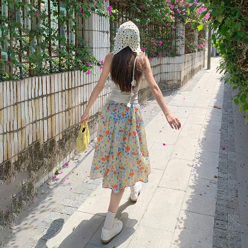 Childish Orange # Summer New High-Waisted Floral Skirt for Women to Cover the Flesh and Look Slim, Casual and Versatile A-Line Pleated Mid-Length Skirt