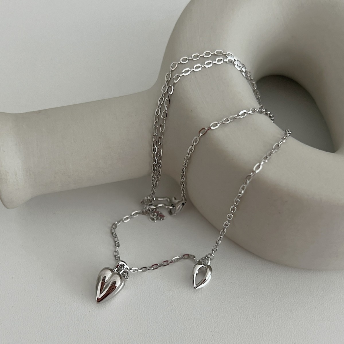 ins风代购款双桃心项链s925通体纯银女 单双立体爱心系列锁骨链