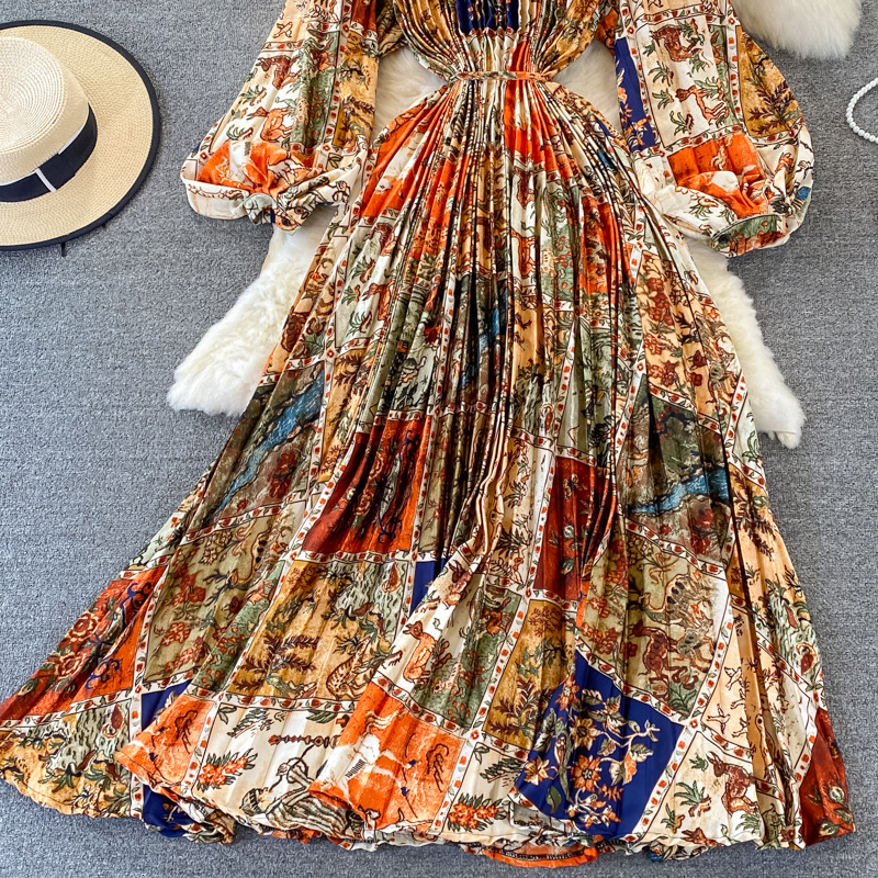 Vêtements pour femmes Automne col rond ample mince à manches longues imprimé satin simple boutonnage robe plissée élégante légère luxe longue jupe_voghion.com