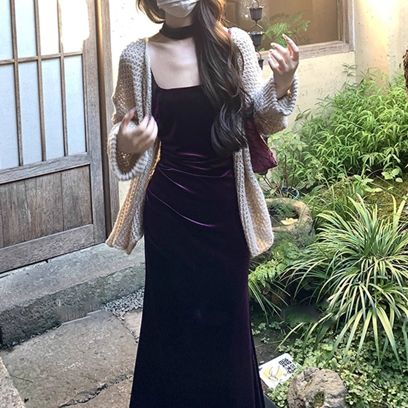 森系曳地 秋季新款2025法式高腰丝绒鱼尾裙女气质连衣裙a字长裙子|undefined