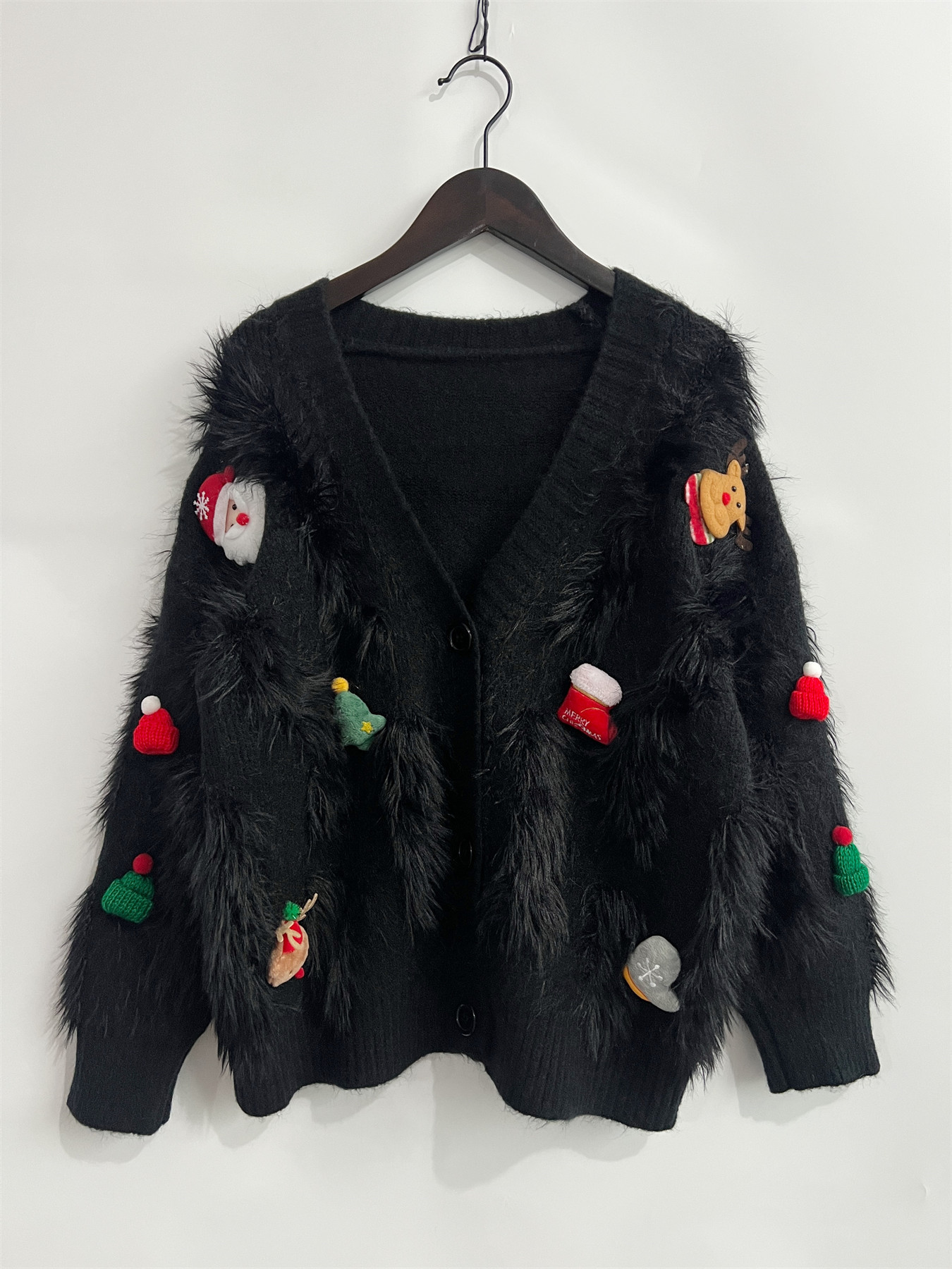 Damen Weihnachtskardigan In Rot Mit Nerzoptik Und Applikation_voghion.com