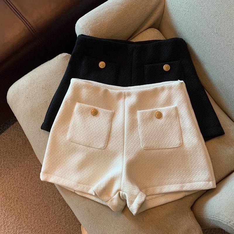 Chanel style white tweed shorts women's autumn and winter high waist A- line Korean style 2024 outer wear wide leg pants bottoming boot pants