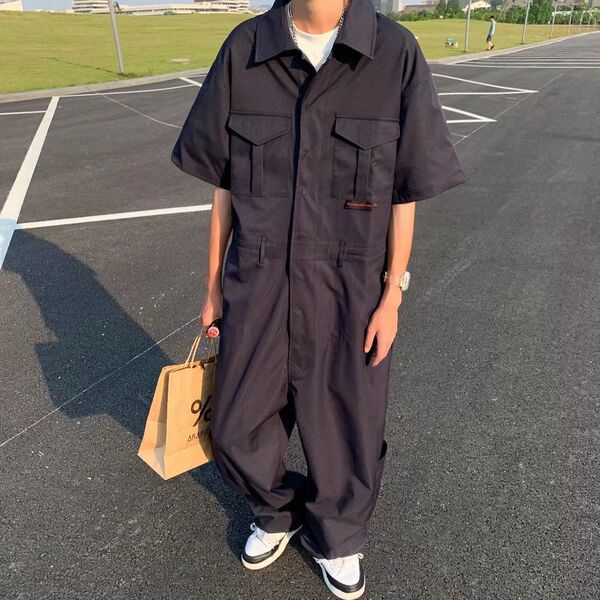American Functional Style Workwear Jumpsuit Men's Trendy Loose Summer High Street Handsome Casual Shirt Jumpsuit Suit