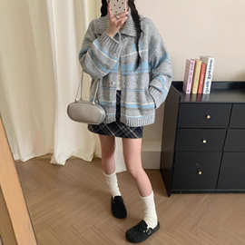 慵懒风翻领单排扣毛衣开衫外套女2025秋冬新款宽松针织衫潮