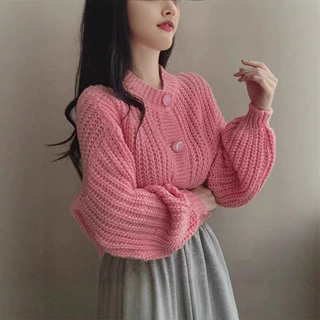 宽松毛衣外套女装跨境秋冬季新款短款慵懒风复古纯色针织开衫上衣