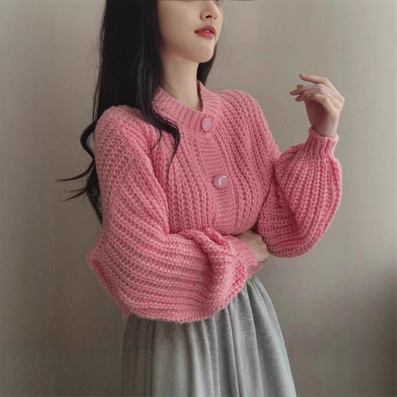 宽松毛衣外套女装2025秋冬季新款短款慵懒风复古纯色针织开衫上衣|undefined