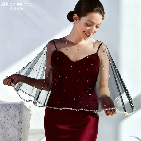 Manzhen New Black Pearl Mesh Shawl Gauze Pullover Dress Wedding Dress Arm Covering Shawl Accessories Vg128