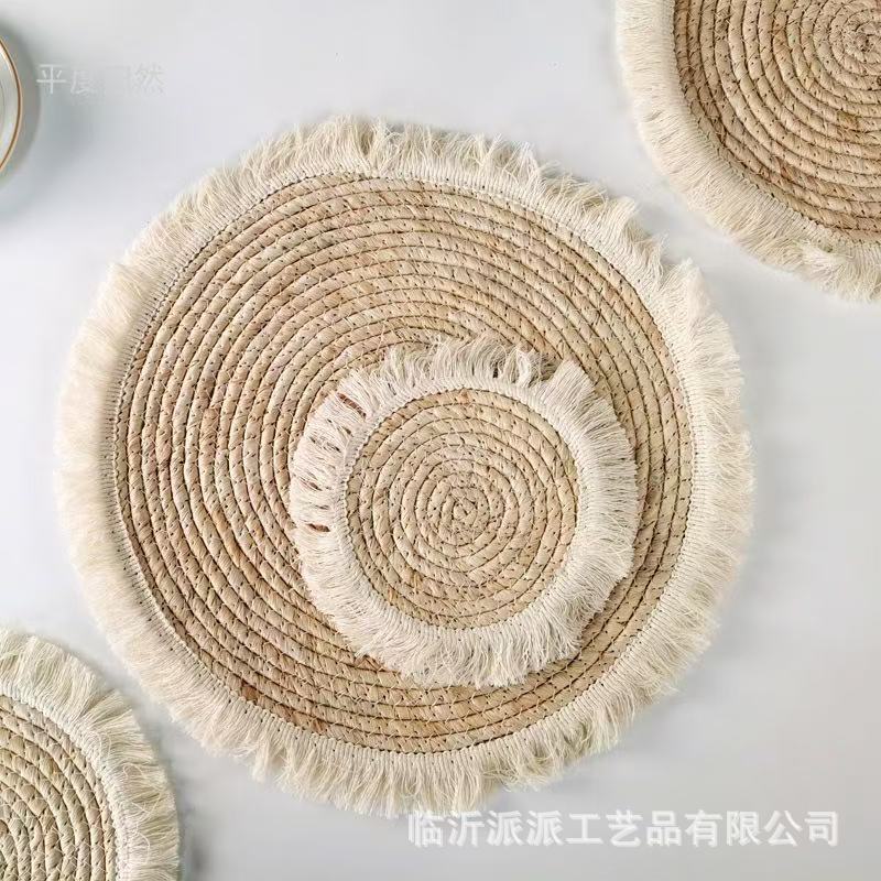 Mesas de comedor ins hechas a mano transfronterizas, manteles individuales de aislamiento térmico a prueba de escaldaduras, manteles de mesa con borlas tejidas, decoración de paredes de aislamiento térmico de paja de maíz