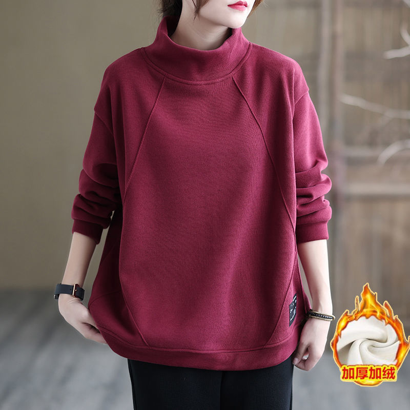 半高领复古加绒卫衣女秋冬新款洋气百搭加厚宽松休闲长袖上衣打底