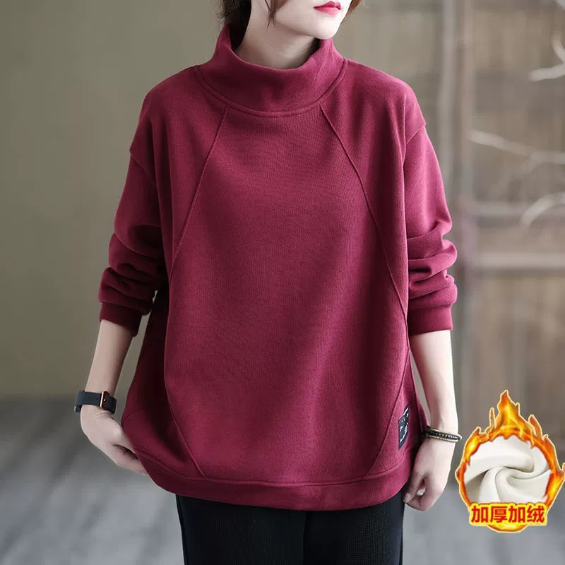 Женская водолазка в стиле ретро, свитер на флисовой подкладке, осень и зима, новый универсальный толстый Свободный Повседневный Топ с длинными рукавами в западном стиле