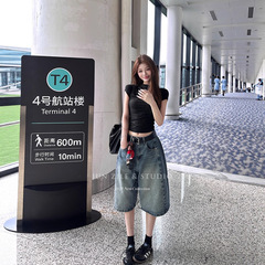 牛仔裤阔腿宽松高腰显瘦弯刀裤美式复古街头辣妹设计感七分裤女装