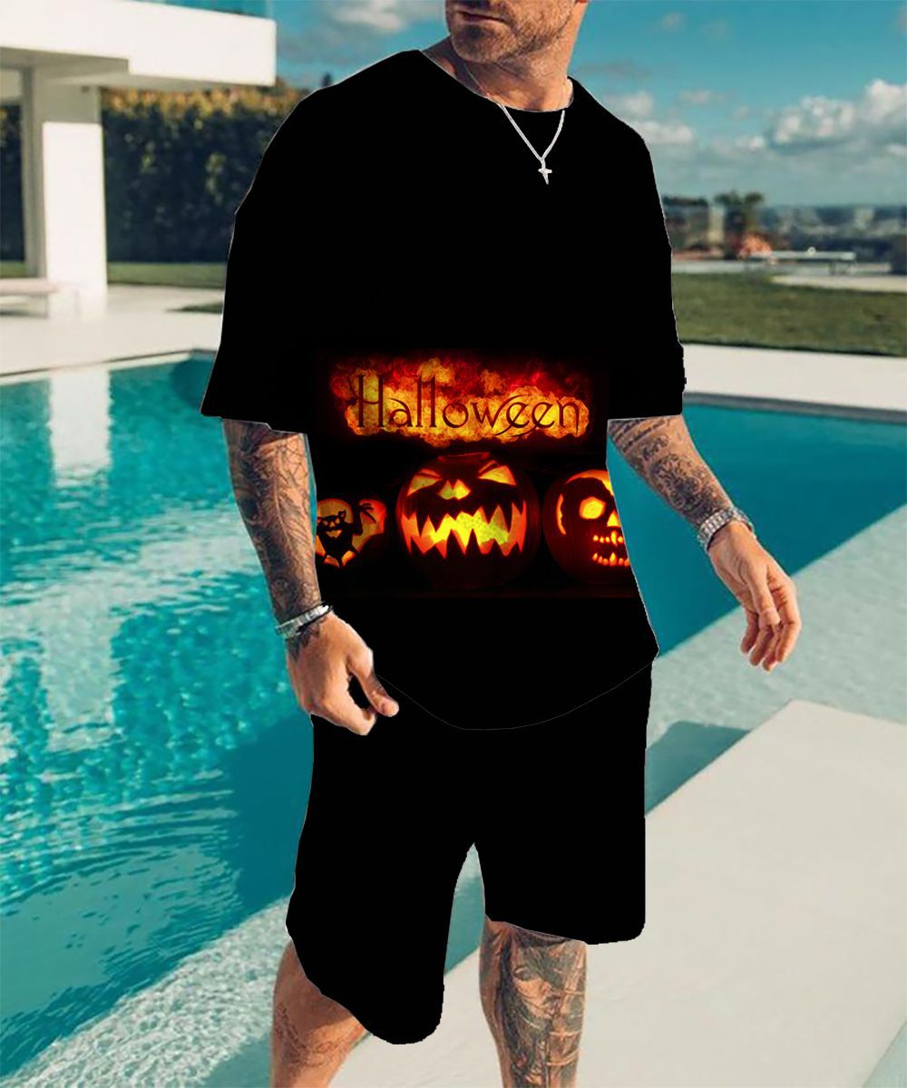 AliExpress 크로스 보더 3D 해골 프린트 남성용 여름 반소매 _ 비치 팬츠 세트 트렌드 티셔츠 반바지 세트