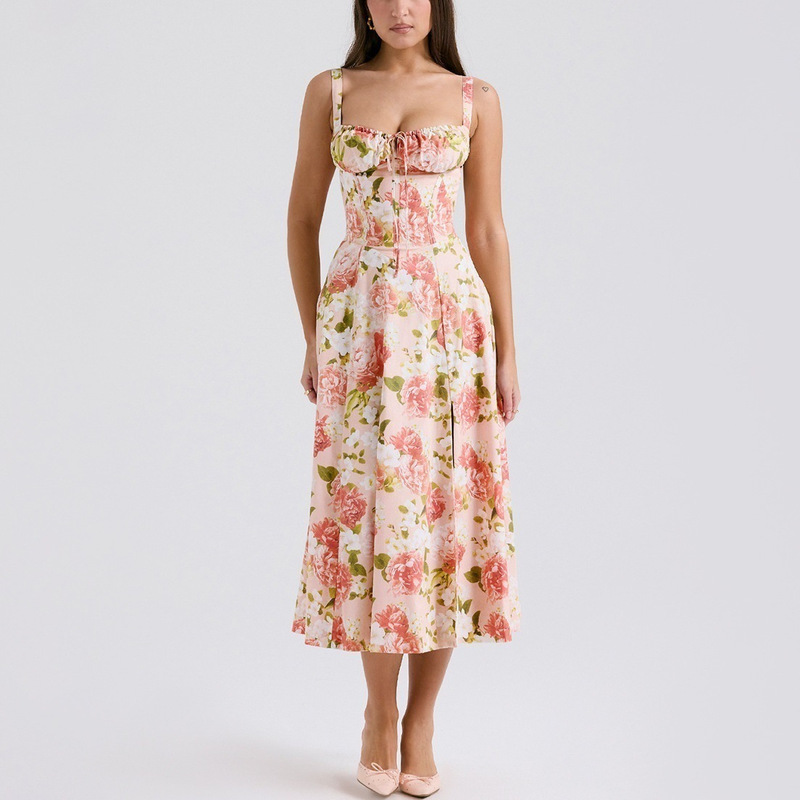 2024 Summer European and American New Women's Slim-fit Split Digital Printed Sling Dress Strap Waist Mid-length Dress