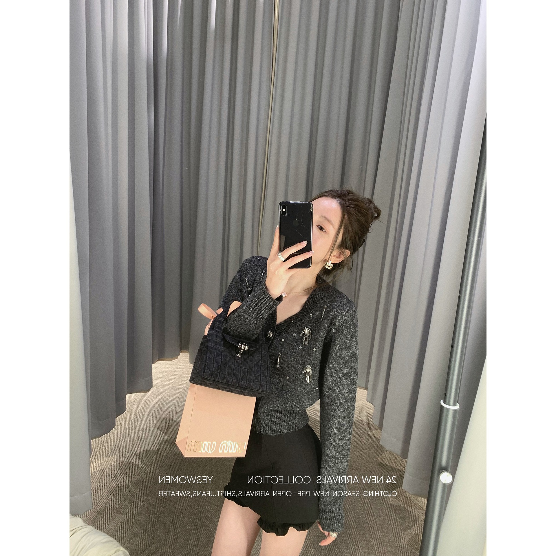 小宜 夜幕流星·手工钉钻V领针织开衫女搭花苞高腰裤裙