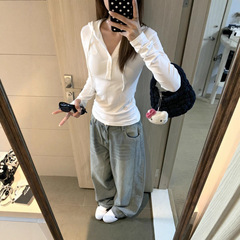 辣妹miu系白色半开V领连帽长袖T恤女2025秋季亨利领修身正肩上衣