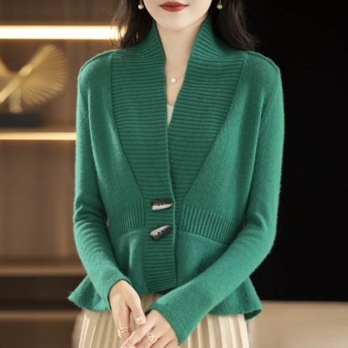 French-style women's autumn clothing, stylish leaf edge waist-cinching slimming solid-color knit sweater jacket