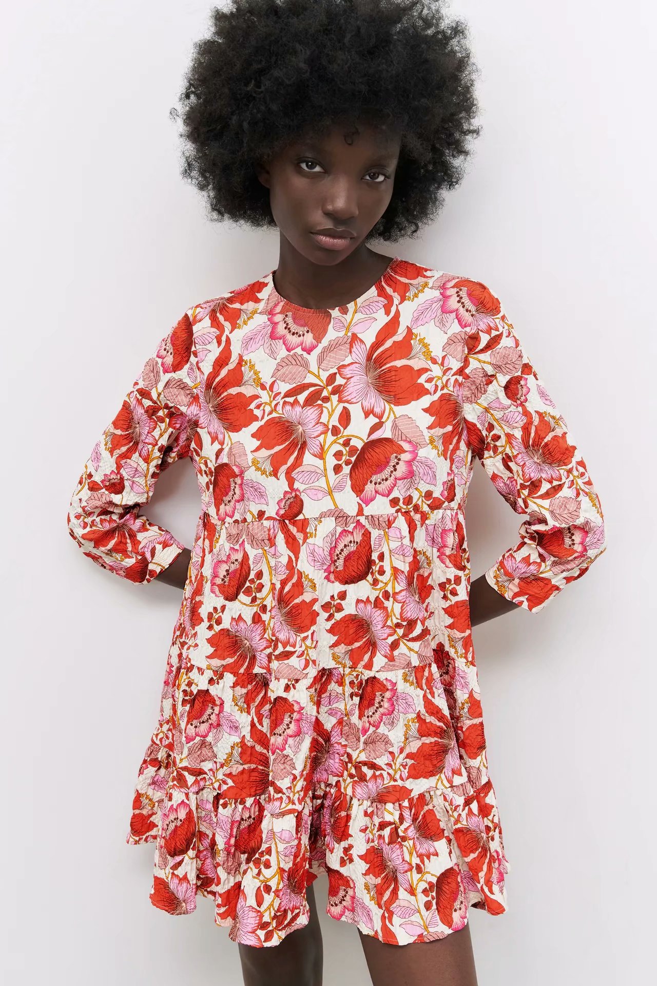 Wholesale Spring Flower Printed Long Sleeve Mini Dress NSAM55753