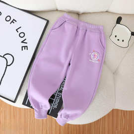 女童亮灯卫裤秋冬新款女童紫色卡通韩版运动裤儿童加绒加厚束脚裤