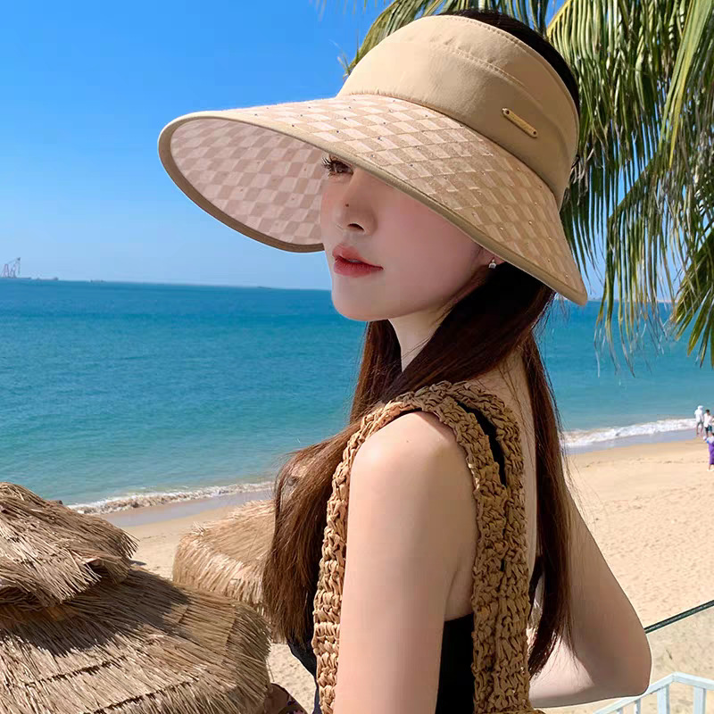 夏季新款女士空頂帽韓版棋盤格水鑽防曬遮陽帽防紫外線大檐太陽帽
