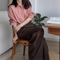 秋季新款日落时分苎麻橘粉长袖衬衫女一件代发