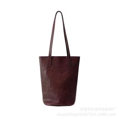 QZ Lazy Style Bucket Bag Large Capacity Tote Bag Genuine Leather Shoulder Bag for Women Retro Versatile Soft Vegetable Tanned Cowhide Bag - Thumbnail 7