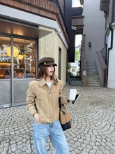 2025新款高级感复古鹿皮绒柳钉外套女秋季宽松显瘦卡其色夹克上衣