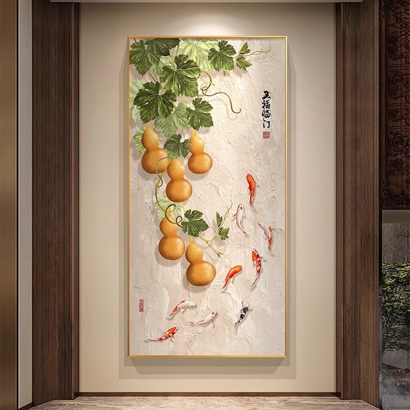五福玄関装飾絵画新しい中国風の玄関正面壁掛け絵画廊下通路壁画垂直ひょうたん絵画|undefined