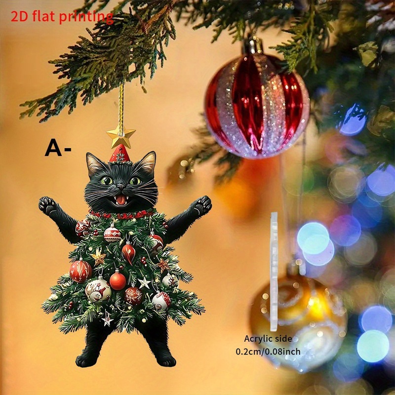 跨境热销2D 亚克力8*8cm，圣诞节穿圣诞树的小猫咪装饰亚克力挂|undefined