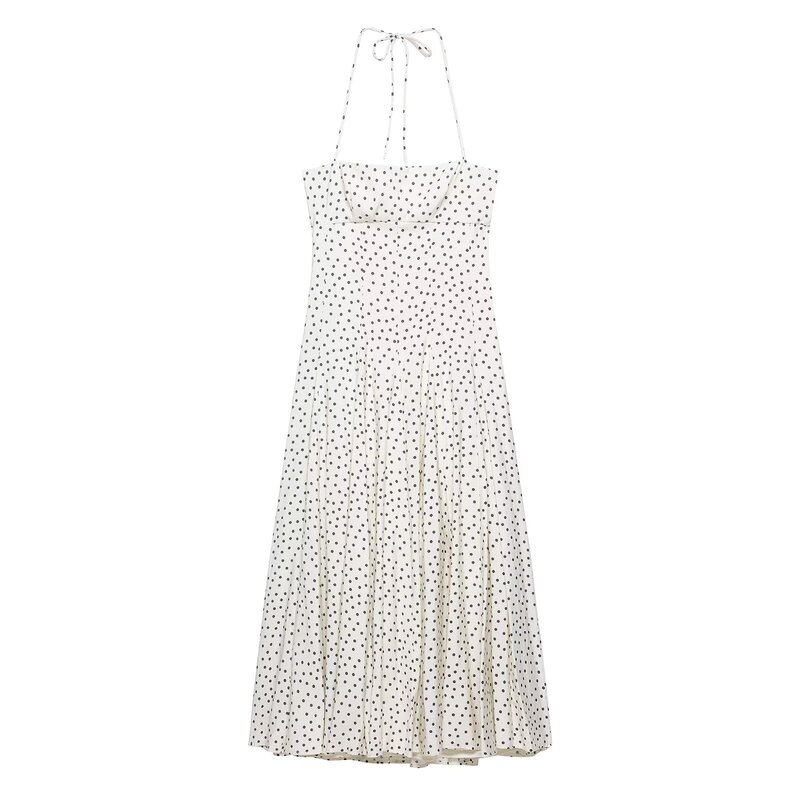 7153-New Sweet and Fashionable Polka Dot Draped Fluffy Halter Neck Midi Dress 4772354