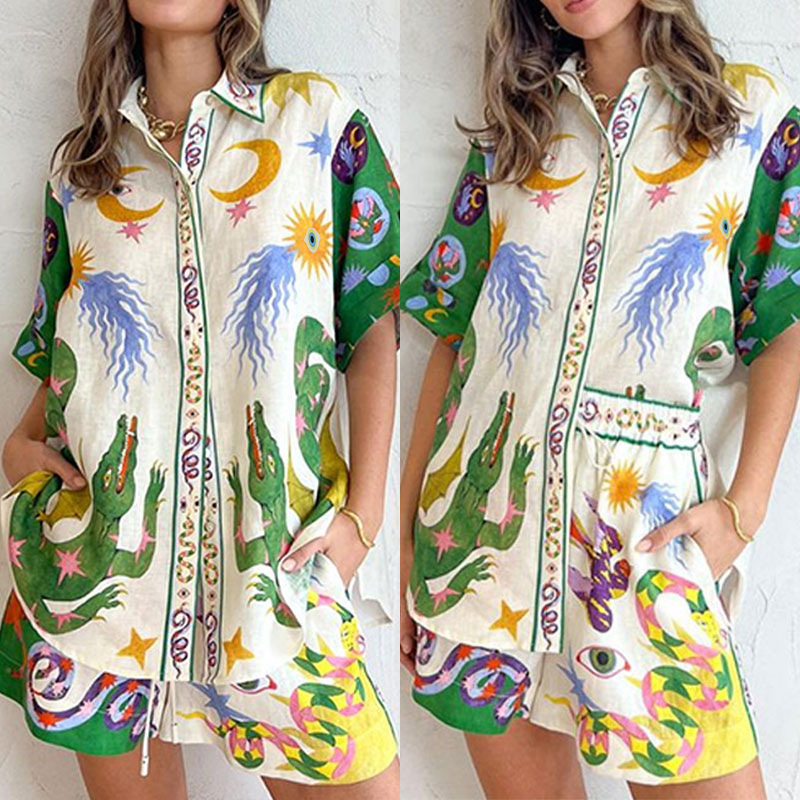 2026 New Spring Women's Clothing European American Fashion Outfit Loose Printed Short-Sleeve Cardigan And Shorts Set_ecoleips.com